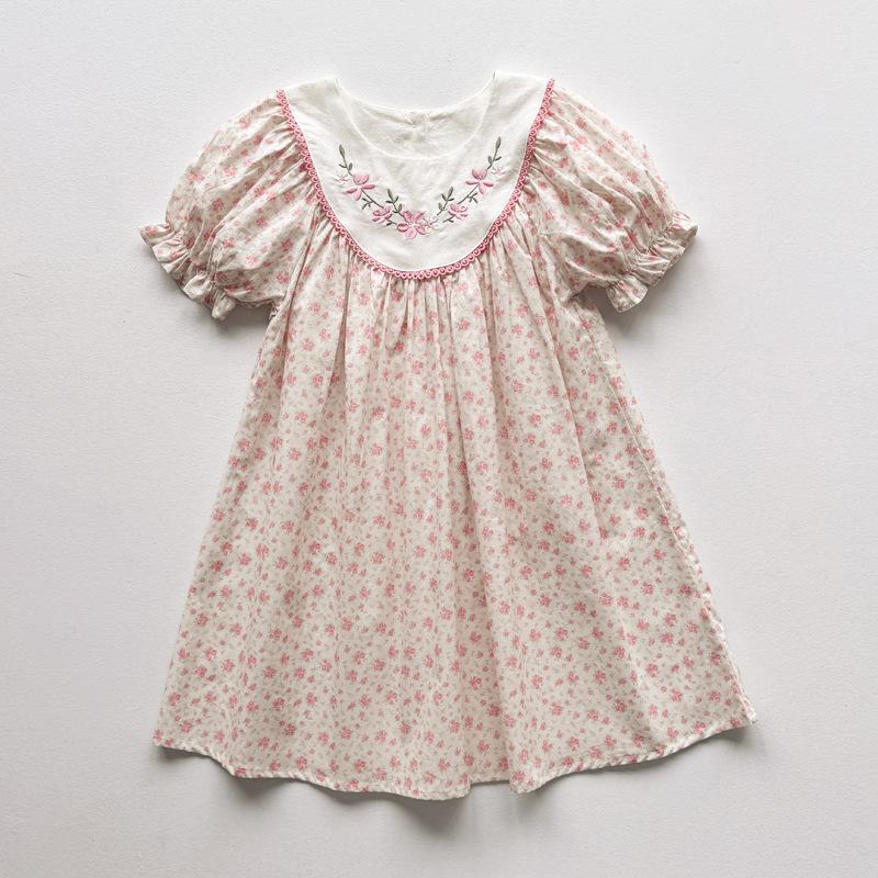 Sweet Girls Summer Puff Sleeve Lace Dress Floral Embroidery Short Sleeve Princess Party Dress For Kids