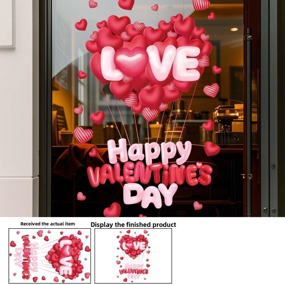 PVC Valentine's Day Window Stickers Love Heart Balloon Shape Pink Red Flower Rose Love Heart Window Decals DIY Waterproof