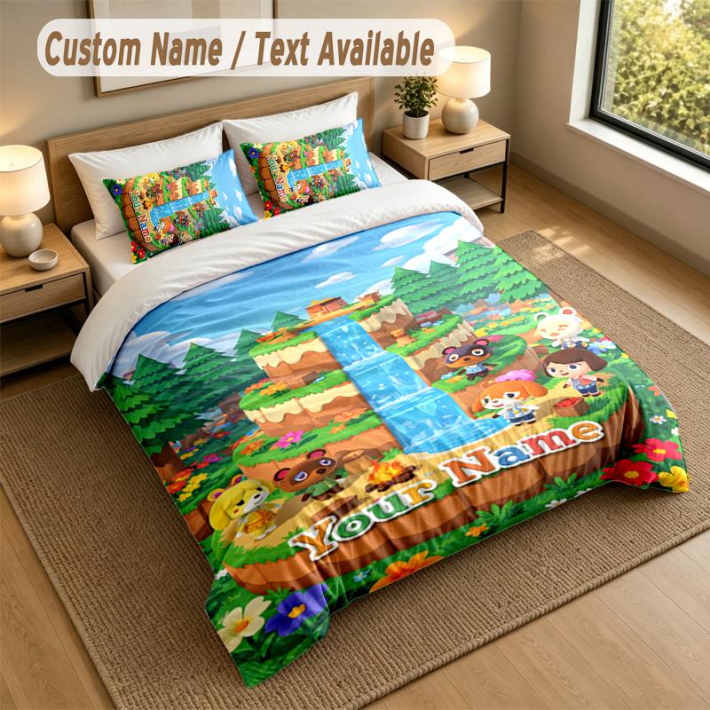 3Pcs Bedding Set Custom Name Text, 1 Sheet 2 Pillowcases Home Bed DecorAnimal Crossing