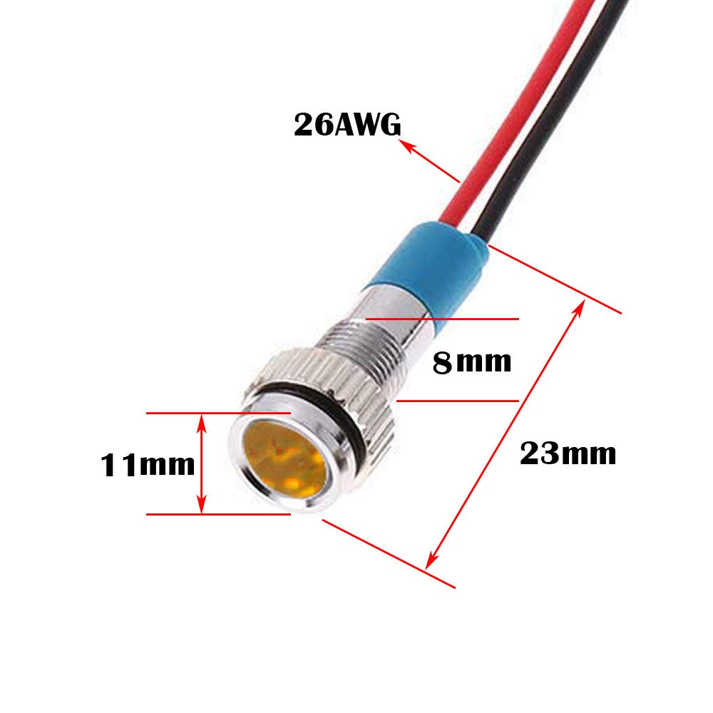 CESFONJER 5pcs 8mm 1/4" LED Metal Indicator Light Waterproof Signal Lamp Pilot Dash Directional Car Truck Boat Wire (Yellow)