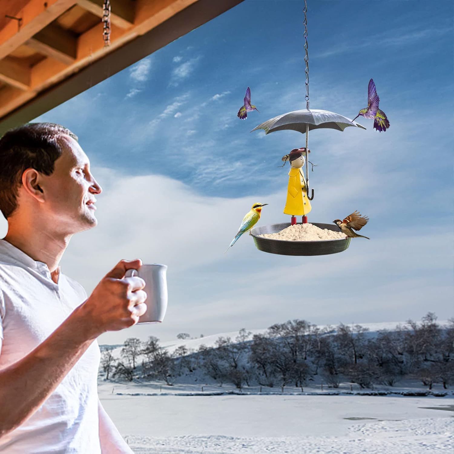 Bird Feeders for Outdoors Hanging, Hummingbird Feeders Tray Outside for Bird Bath, Wild Bird Feeders with Metal Hanging Chain Girl and Umbrella for