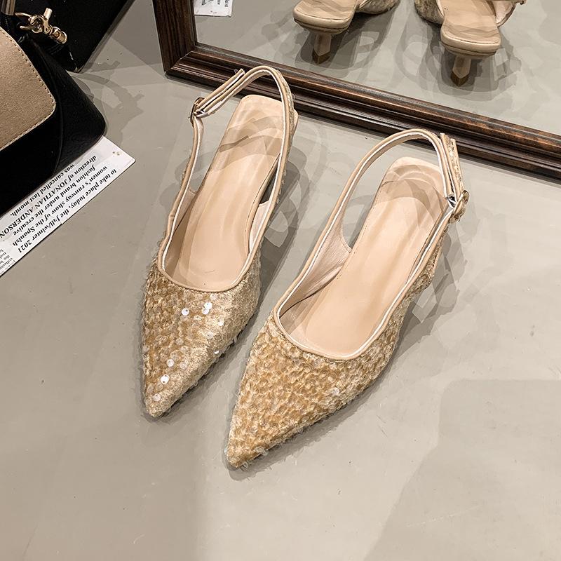 Premium sense versatile sandals summer 2025 new temperament bag head sandals sequins shallow mouth pointed sandals