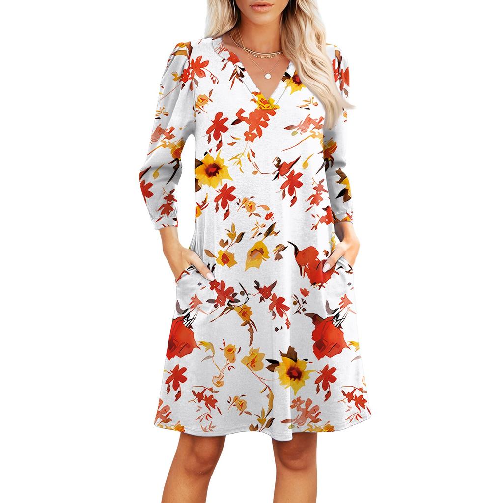 Women's Fashion V-neck Casual Beach Dress Three-quarter Sleeves Floral Print Dress