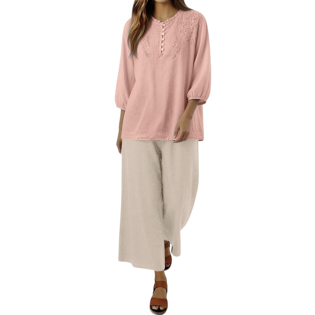 Women Embroidered Lace Loose Fit Three Quarter Sleeve Top and Wide Leg Pants Two Piece Set Casual Outfit Suit