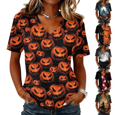 Women's Halloween Graphic V Neck Pullover Top Short Sleeve Casual Tee Lightweight Comfortable Fit