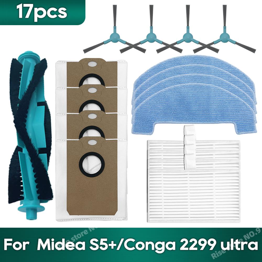 Fit for Midea S5 Plus, Conga 2299 Ultra Home X-Treme Genesis Vacuum Accessories Dust Bag Hepa Filter Roller Side Brush Mop