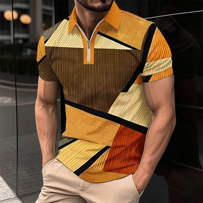 Plus Size Men's Clothing Striped Polos T-Shirts Summer Short Sleeve 3d Printed Streetwear Male Zippers POLO Tee Casual Tops