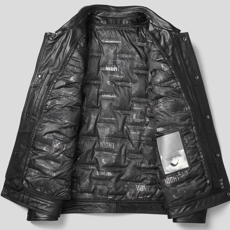 Leather Men's Leather Top Layer Cowhide Jacket with Detachable Down Jacket, Business Leather Jacket, Lapel Collar, Middle-aged Thick Coat
