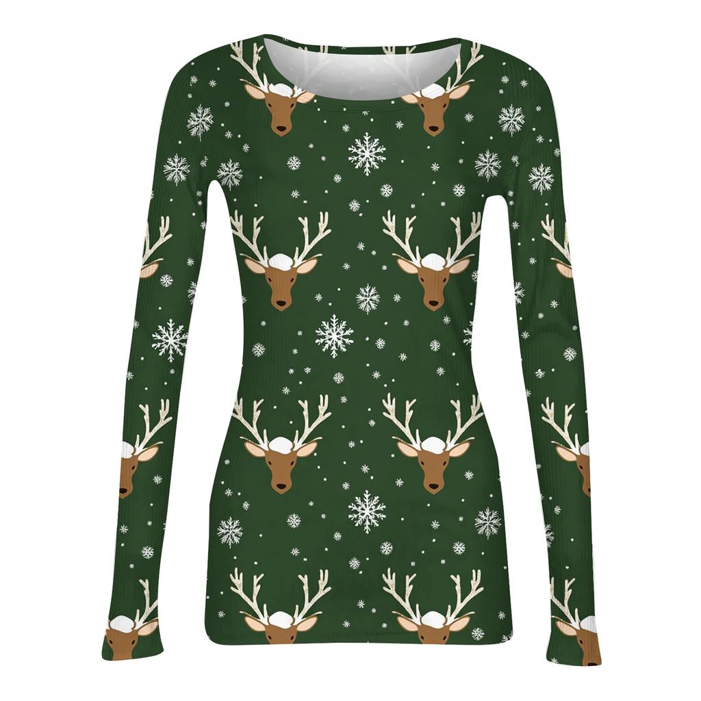 Women's Fashion Slim-Fit Round Neck Base Layer T-Shirt Christmas Print Long-Sleeved Top