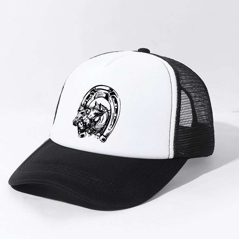 Horseshoe Horse Head Graphic Trucker Hat Breathable Mesh Baseball Cap Unisex Outdoor Fashion