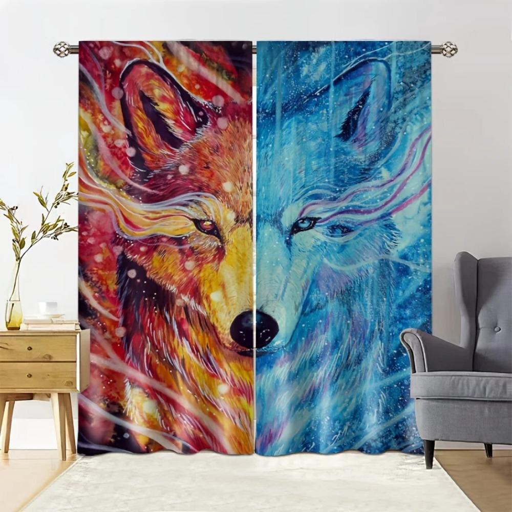 2PCS Dreamcatcher Wolf Print Curtains,Translucent Lndoor And Outdoor Curtains Privacy Protector Curtains For Bedroom LiVing Room