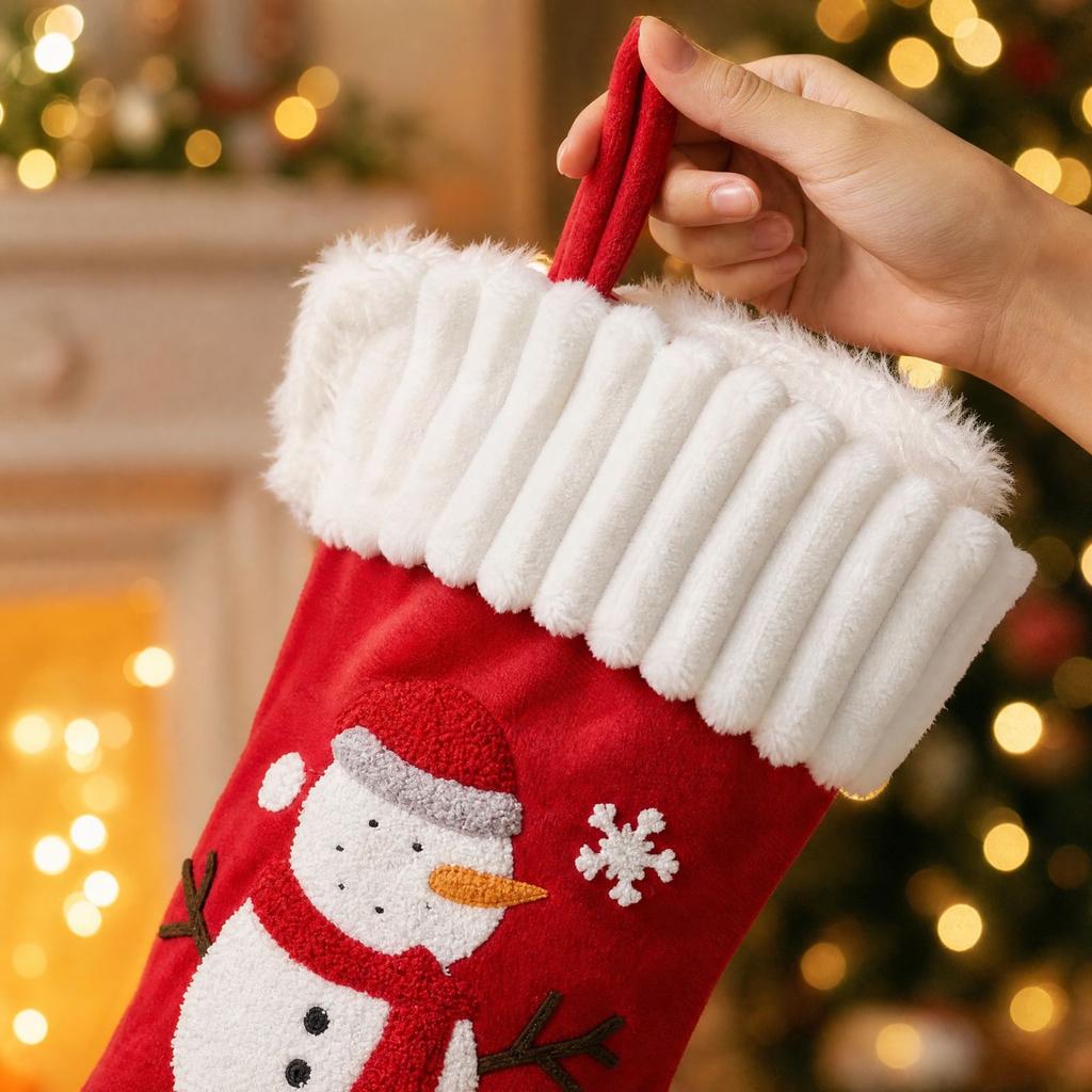 Christmas Stocking with Applique Embroidery, Large Gift Bag for Fireplace Decor