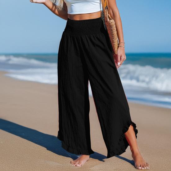 Women Casual Pants Pleated Elastic High Waist Wide Leg Long Trousers