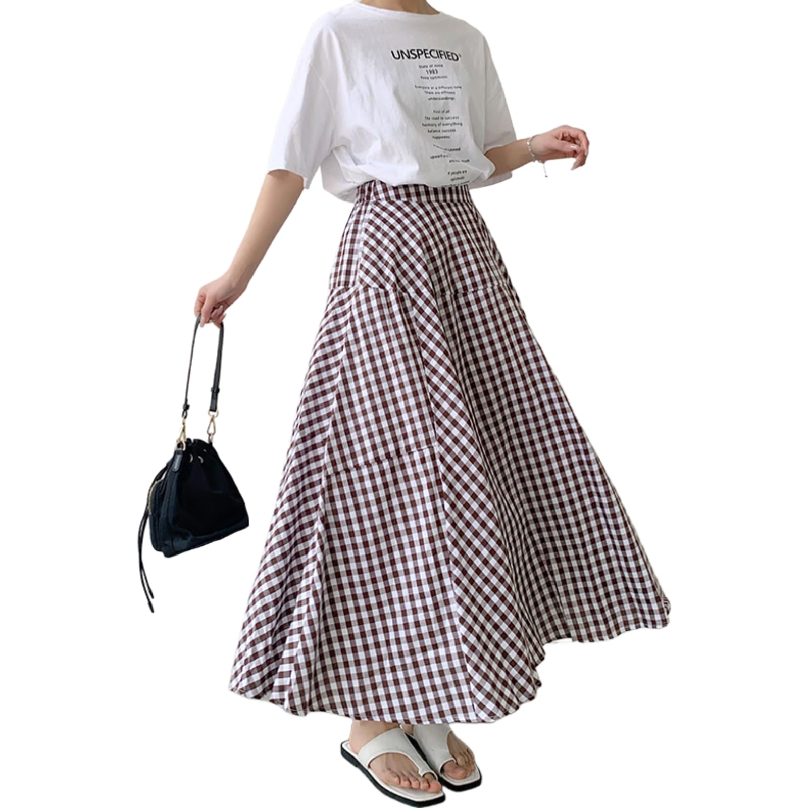 

Long Frill High Checkered Elastic Office Multiple Colors [JINJUDUO] Women s A-Line Skirt, Waist, Pattern, Waistband, 100% Cotton, Cute, Casual, кофейный