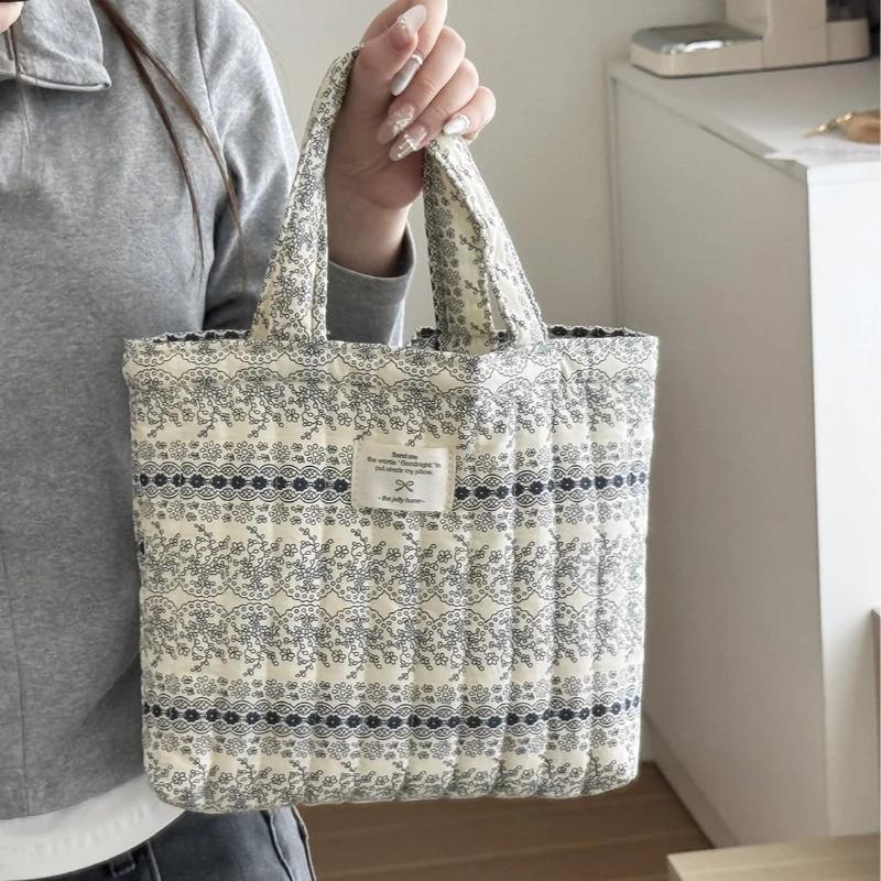 Quilted Cotton Women's Cute Flower Handbags Portable Ladies Small Tote Shoulder Bags Retro Design Casual Female Lunch Bento Bag