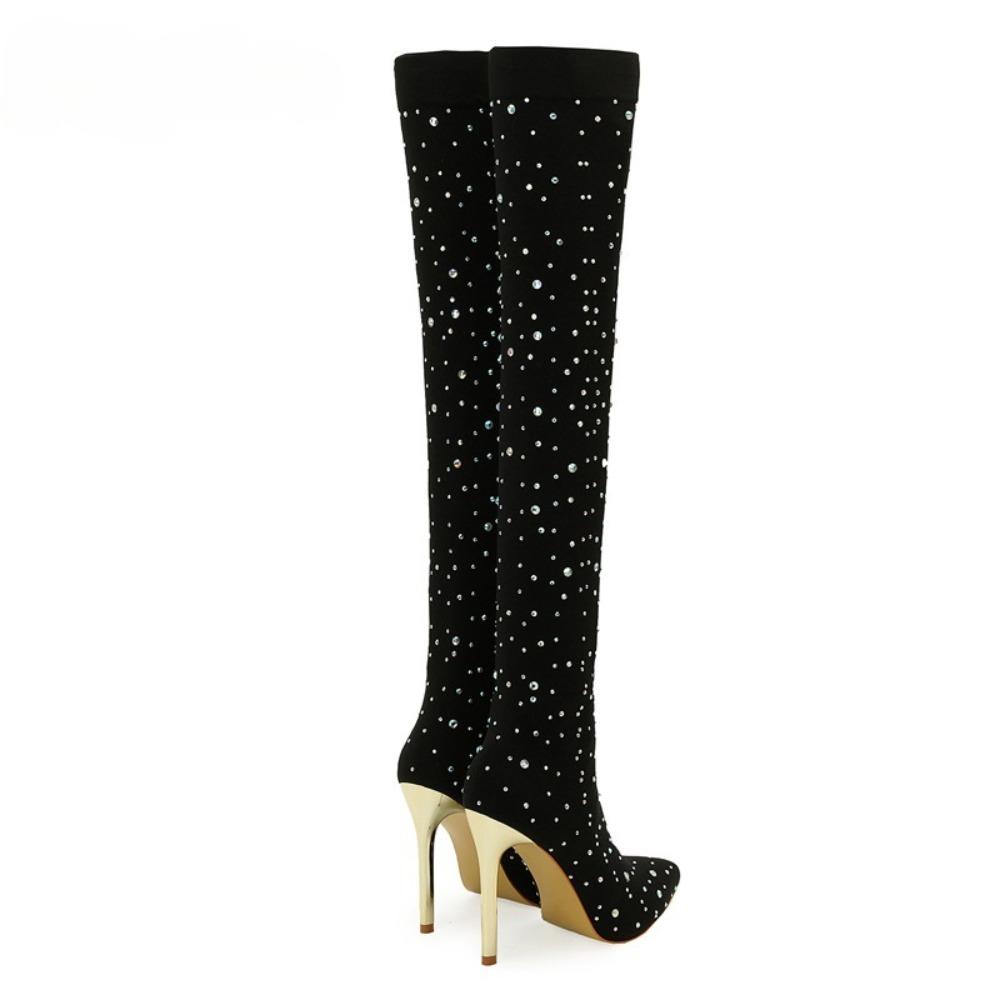 Eilyken Sexy Runway Crystal Stretch Fabric Sock Over the Knee Boot Thigh Stiletto High Pointed Toe Woman Shoes Size:35 43
