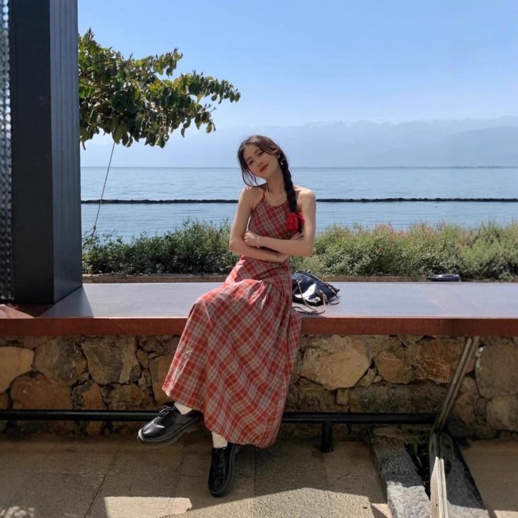 Holiday Style Dress Summer French Dopamine Sweet Plaid Halter Sling Long Skirt Niche Waist and Thin
