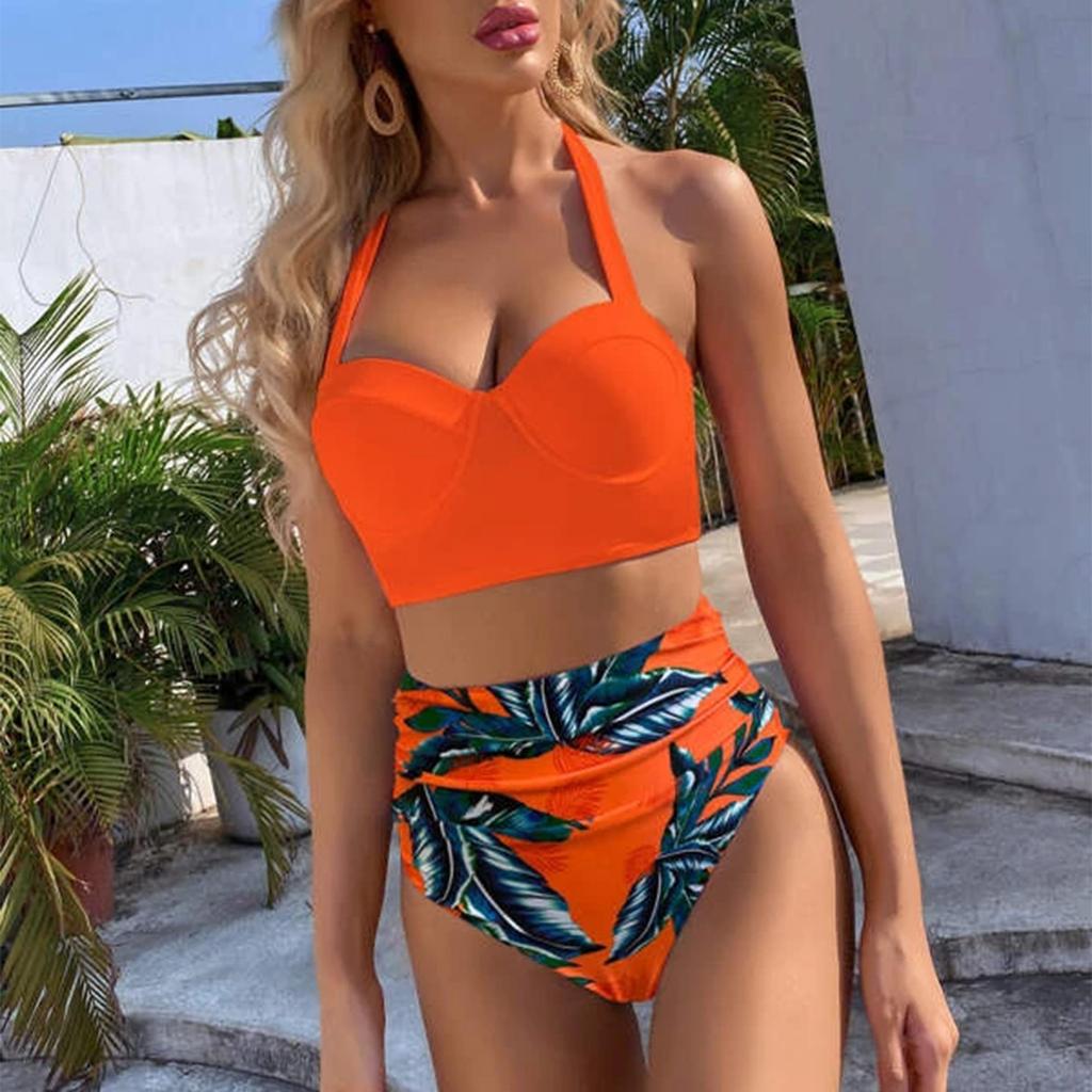 Dámský Módní Sexy Pevný Taška Bikini Vícebarevný Listový Potisk Plavky