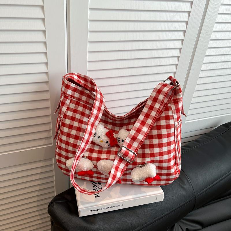 

Plaid canvas bag Korean lazy wind large-capacity bag women s 2025 new summer messenger bag class tote bag single pack красный