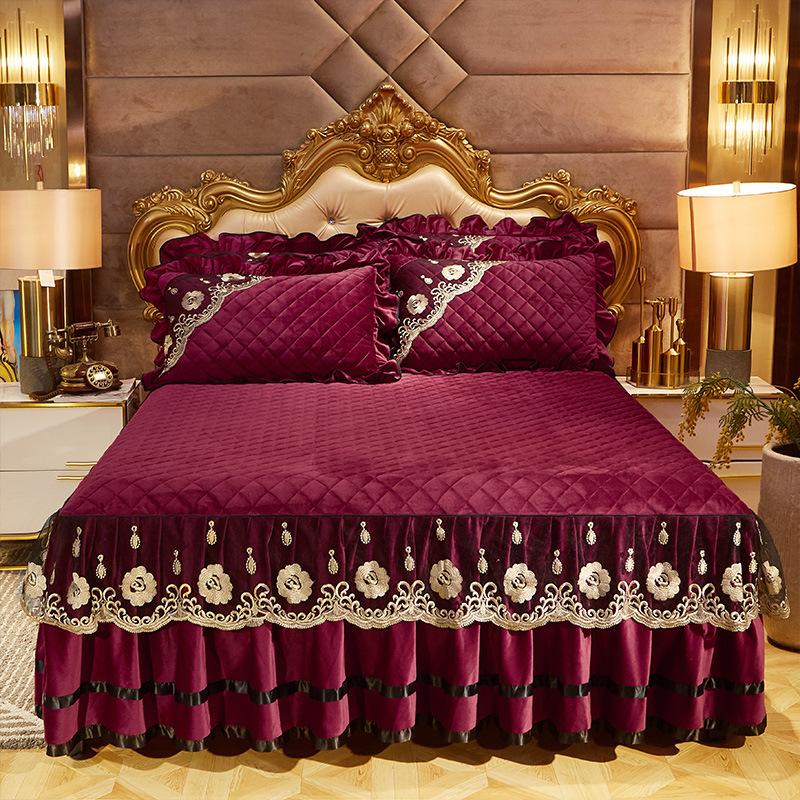European-Style Crystal Velvet Lace Bed Skirt Winter Fleece-Lined Warm Quilted Bed Cover Bed Skirt Cover Bedding