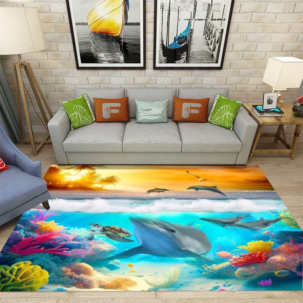 Large Sea Turtle Theme Area Rug Colorful Coral Reefs Tropical Fish Living Room Bedroom Marine Decor Carpet Home Decoration Mat