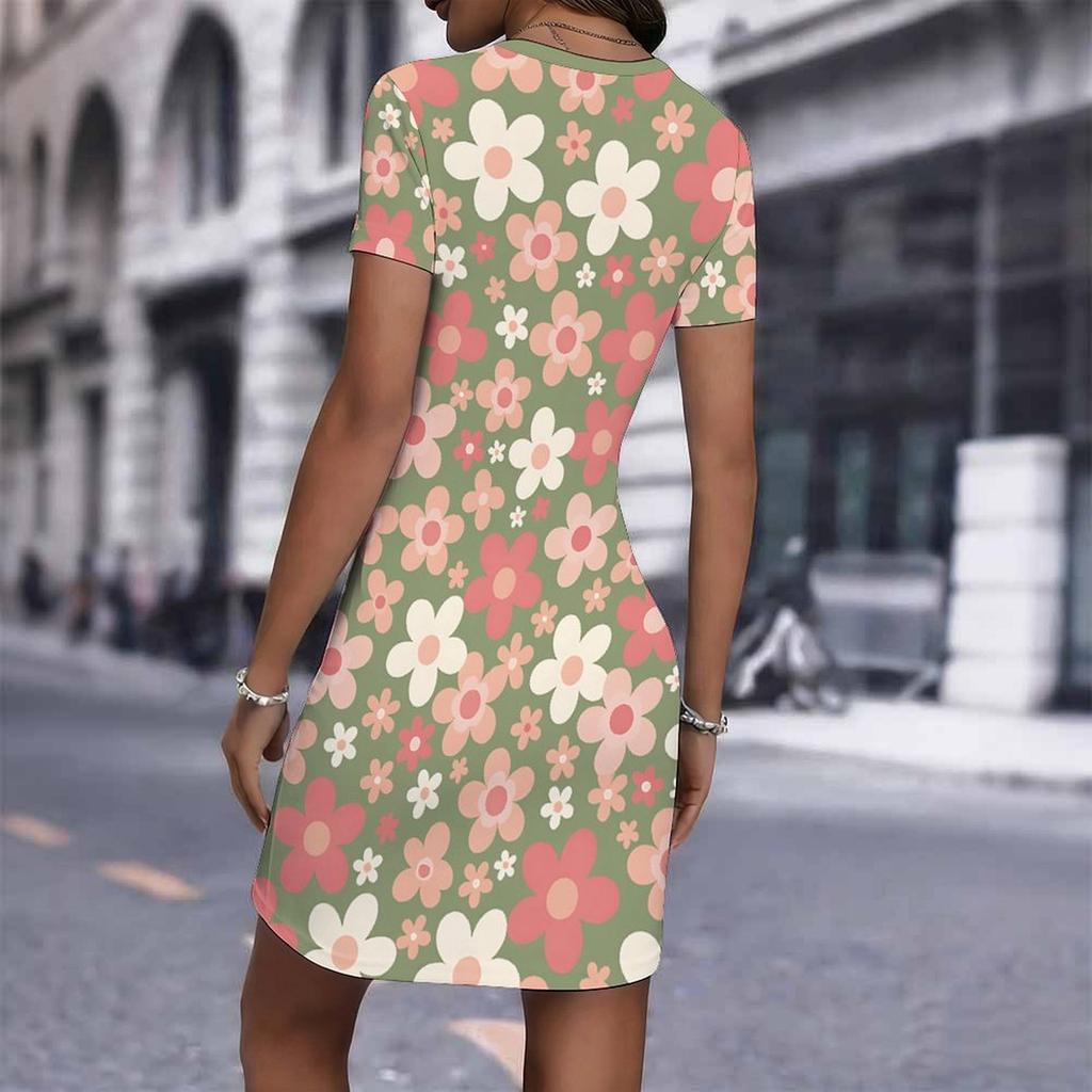 Fashion Womens Loose Diverse Flowers Pattern Print O Neck Short Sleeve Loose Streetwear A-line Dress
