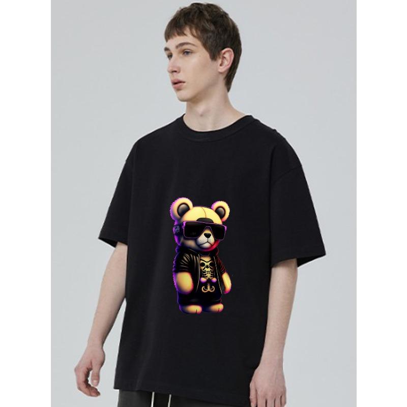 Black T Shirt with Cartoon Bear Wearing Sunglasses and Skull Design for Casual Wear