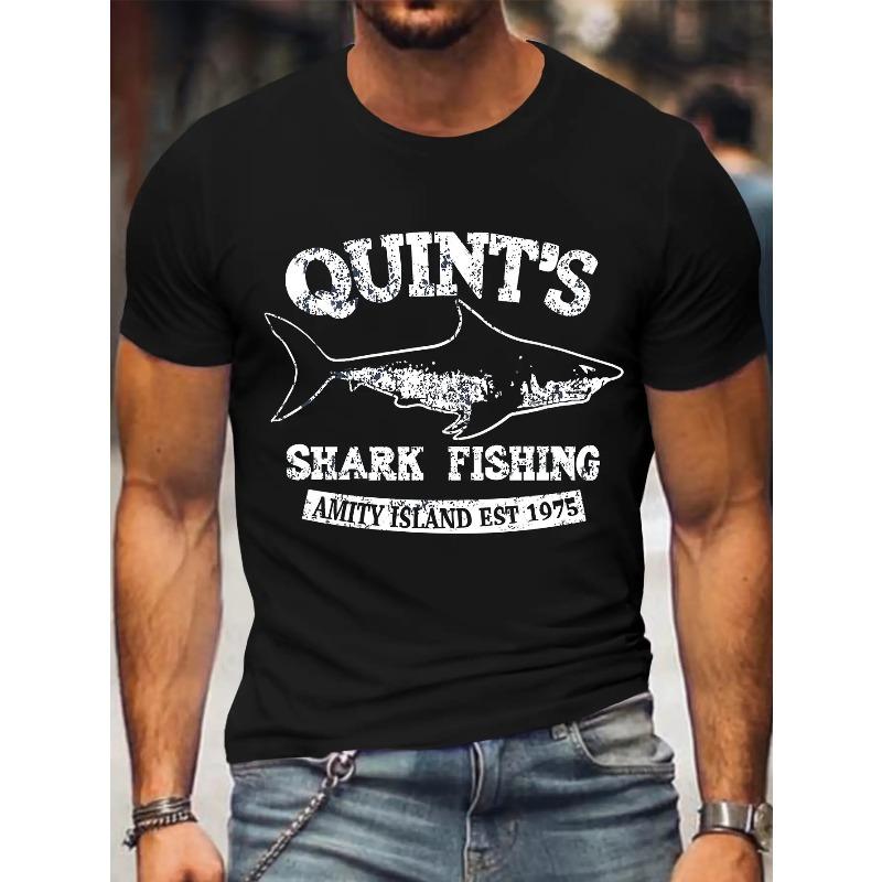

European sizes Men S Plus Size Shark Fishing Graphic T-Shirt - Bold Quint S Shark Fishing Slogan & Shark Fin Design 4XL чорний