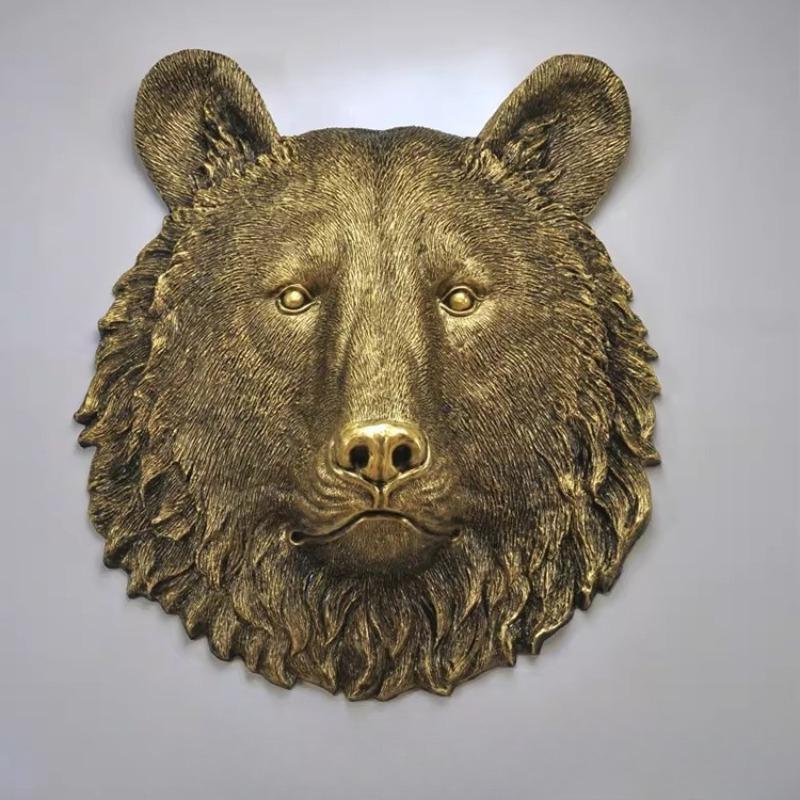 Golden Bear Wall Hanging Simulated Animal Sculpture Animal Head Ornament Brown Bear Background Wall Home Decoration