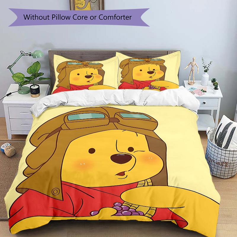 3pcs Set Pooh Bear1pc of Quilt Cover+2pcs of Pillowcase, No Core, Print Bedding, All Seasons Bedroom Setting054