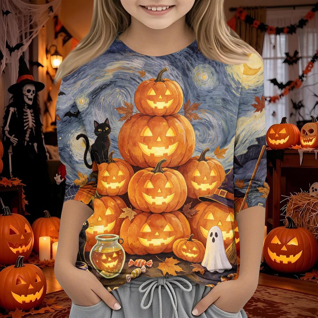 Kids' Halloween Printed Round Neck Three-Quarter Sleeve Casual T-Shirt