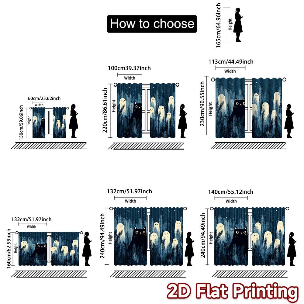 Flat Printing Curtains Without Rod Halloween Night Cat Ghosts Women Is Day Festival Creative Set Of 2 Made Polyester