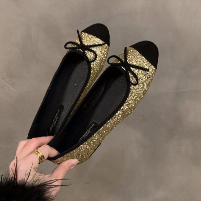 Women's Single Shoes Spring New Round Head Light Mouth Color Sequin Fabric Butterfly Knot Soft Sole Non-slip Flat Shoes