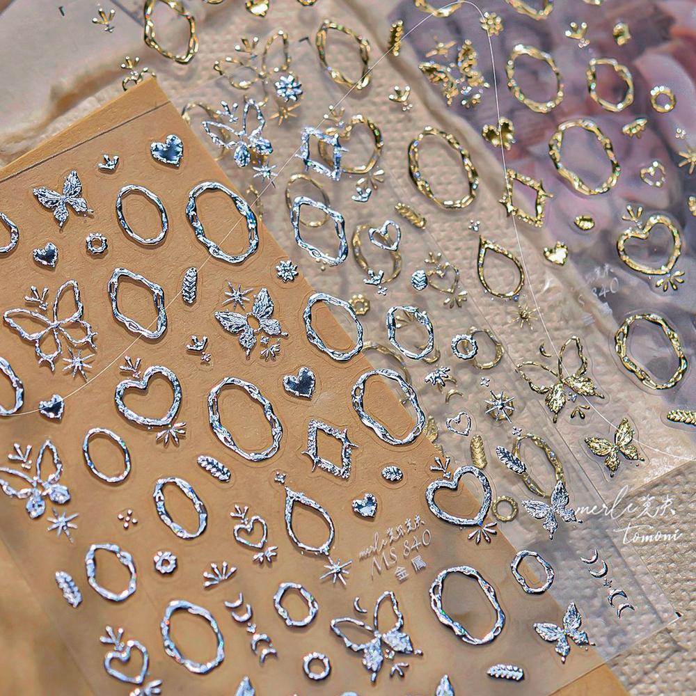 Elegant Silver Butterfly Frame Border Nail Art Stickers Hearts Stars Moon Feather Metal Self Adhesive Decoration Manicure Decal