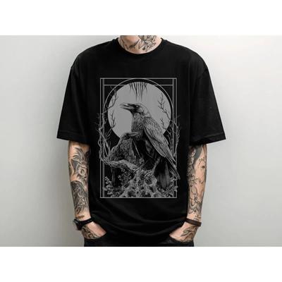 Raven Moon Gothic T Shirt Occult Witchy Emo Goth Alternative Clothing Dark Aesthetic for Him Her Vintage Washed Casual