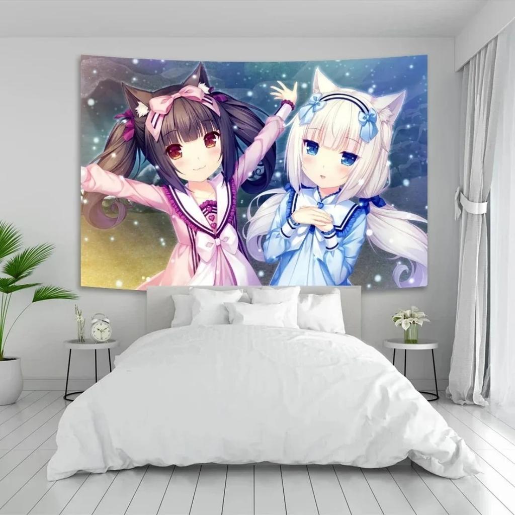 Anime Cat Maid Wall Tapestry Cute Background Fabric Room Decor For Girls Dorm Psychedelic Style Hanging Art