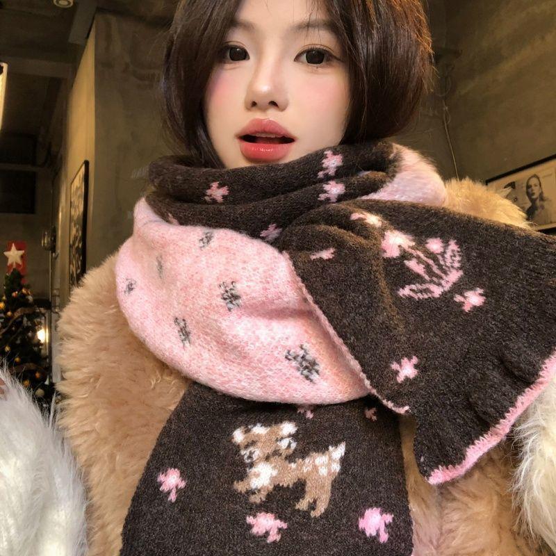 Korean-style double-sided knitted scarf for women, winter, high-end, atmospheric, thickened, warm, wool neck warmer