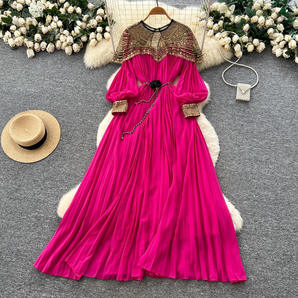 French heavy industry embroidered bead sequin mesh stitching lantern sleeve strap waist pleated dress women's high-end long dress