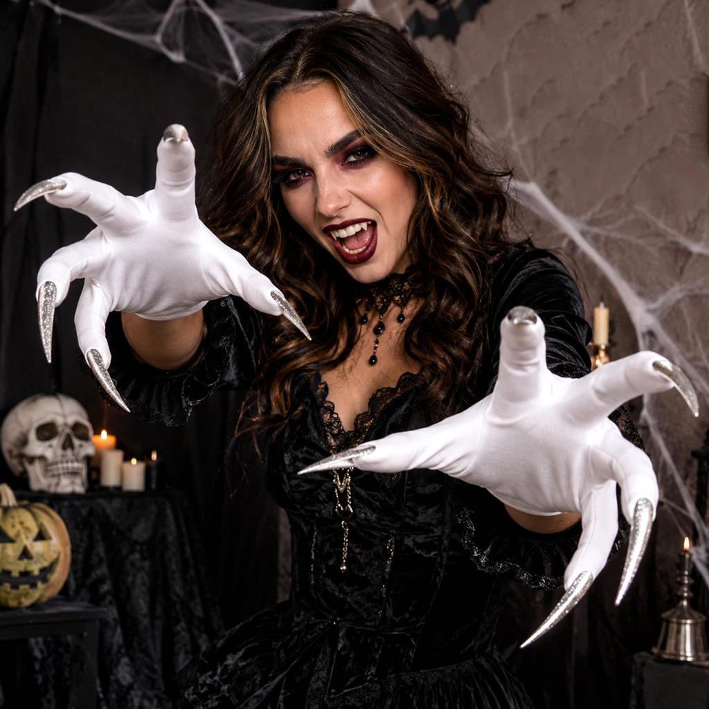 Dark Gloves with Long Nails for Halloween Witch Party, Short Stretch Fit