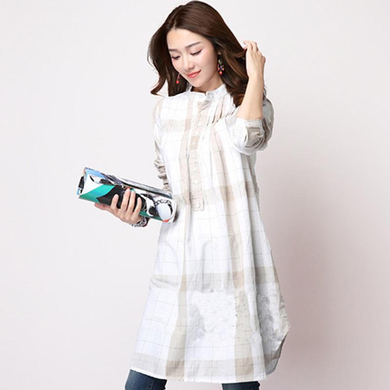 Женская клетчатая хлопково-льняная рубашка большого размера, свободная, средней длины, с длинным рукавом, льняная рубашка M белый