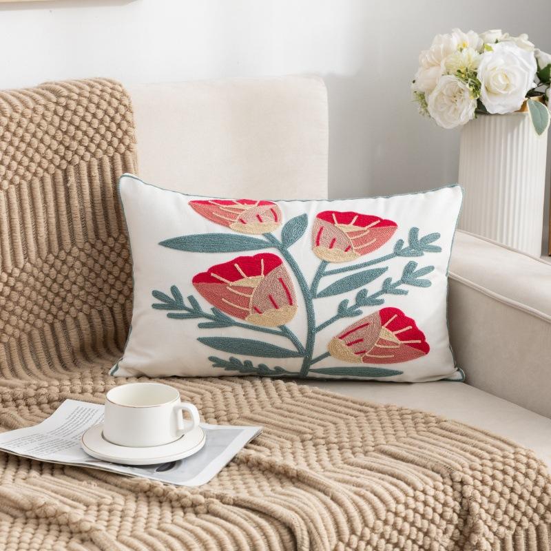 Flower Pillow Cover Towel Embroidered Pastoral Style Sofa Pillow Core-Free Bedside Cushion Office Waist Pillow Cover
