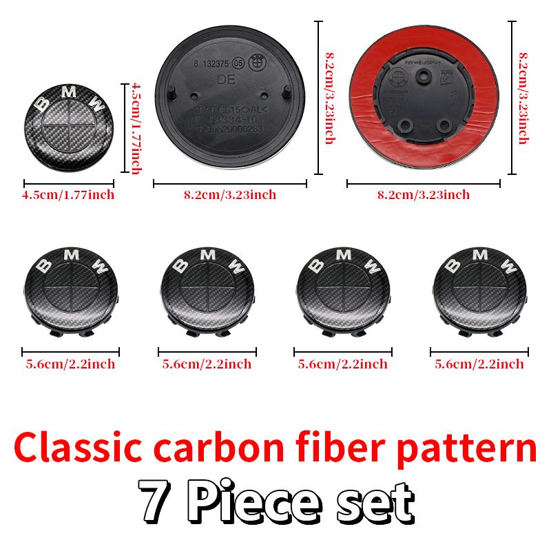 For BMW E46 82mm Hood F10 74mm Trunk Emblem 7Pcs Full Black Carbon Fiber Badge Set E90 68mm Wheel F30 Steering G20 X5 M4 Auto