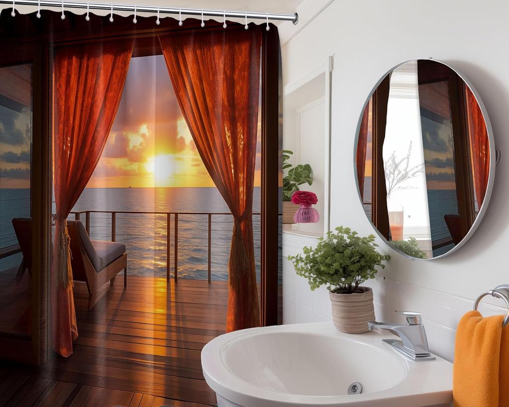 Summer Beach Theme Shower Curtain, Ocean Scenic Beachy Sunset Scene Pattern, Nature Landscape Coastal Bathroom Curtain Set