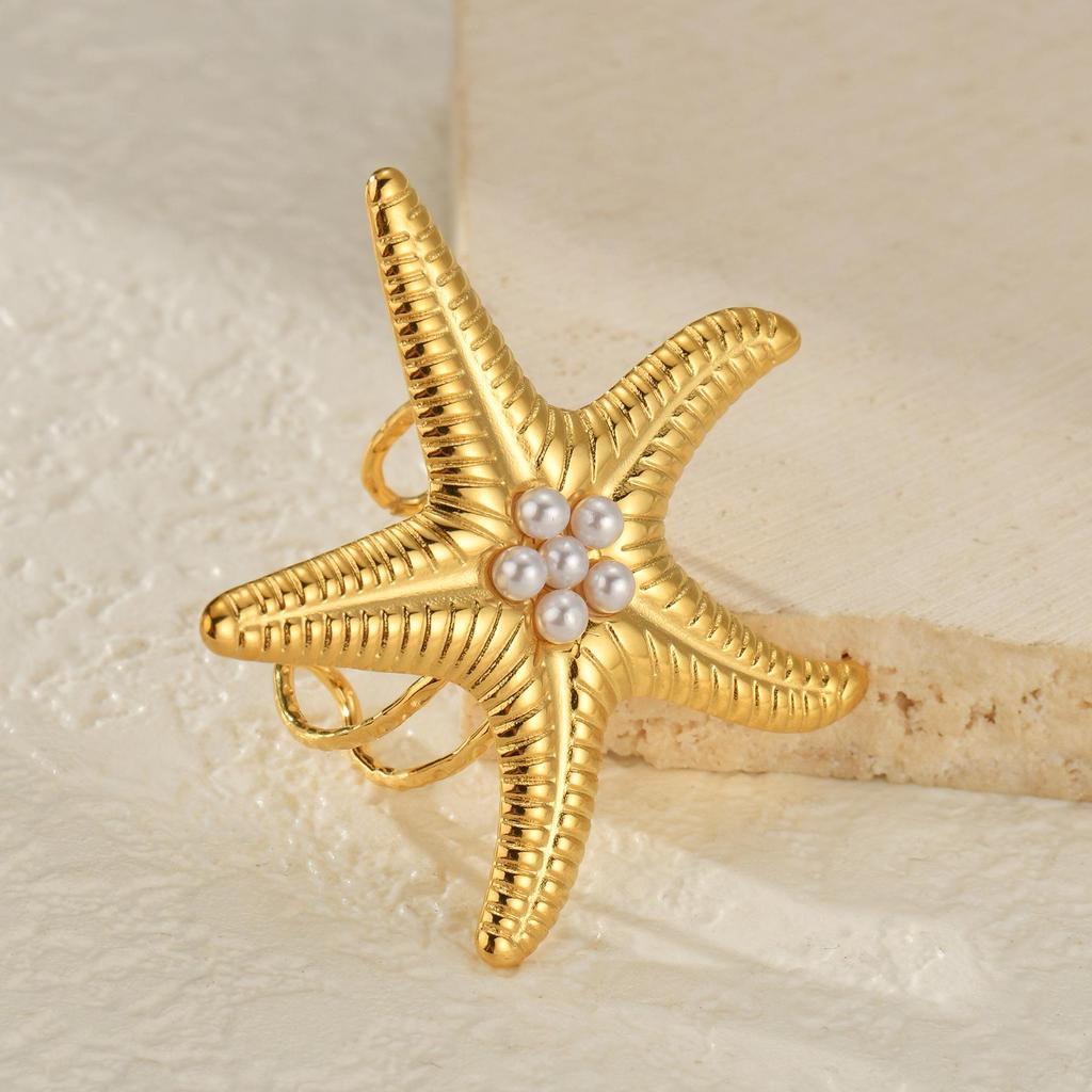 Anello Aperto INS Moda Acciaio Inossidabile Stella Marina Perla - Anello Dito Esagerato Placcato Oro 18K da Donna