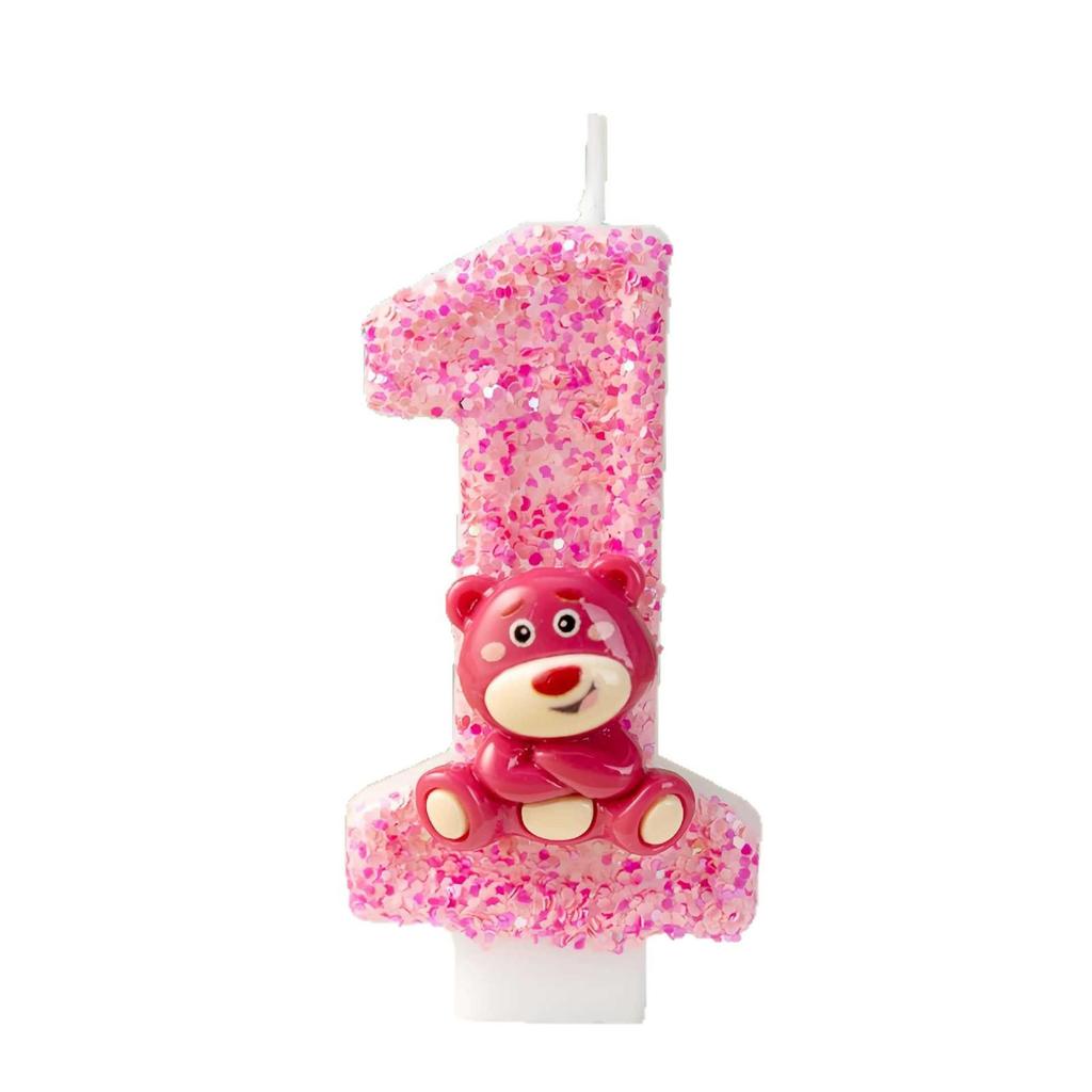 Cartoon Pink Bear Birthday Number Candles Cake Decoration