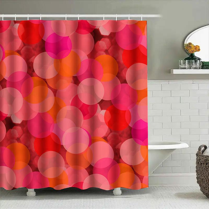 Modern Bathroom Decor: Bold Red Orange Circle Shower Curtain With Vibrant Blurred Light Design For Bathrooms