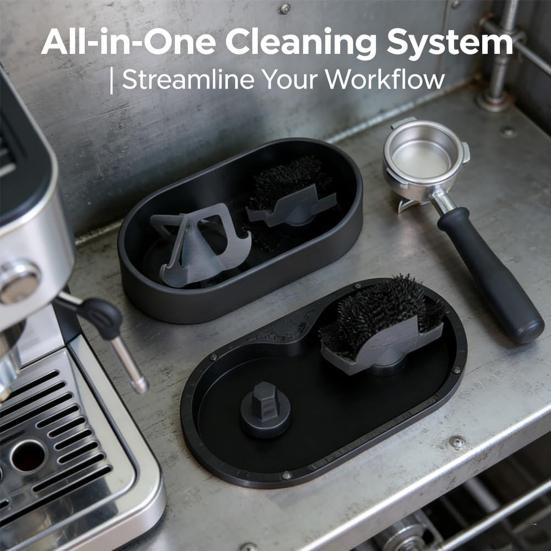 Limpiador Eléctrico Automático de Portafiltro Acero Inoxidable Estación de Limpieza de Mango de Espresso con Cepillo y Bandeja para Posos Limpiador Universal de Mango de Café para