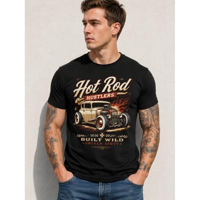 Men's Vintage Hot Rod Hustlers Graphic Tee, Short Sleeve Crew Neck Soft Cotton Blend, Retro Car Print for Casual Daily Wear
