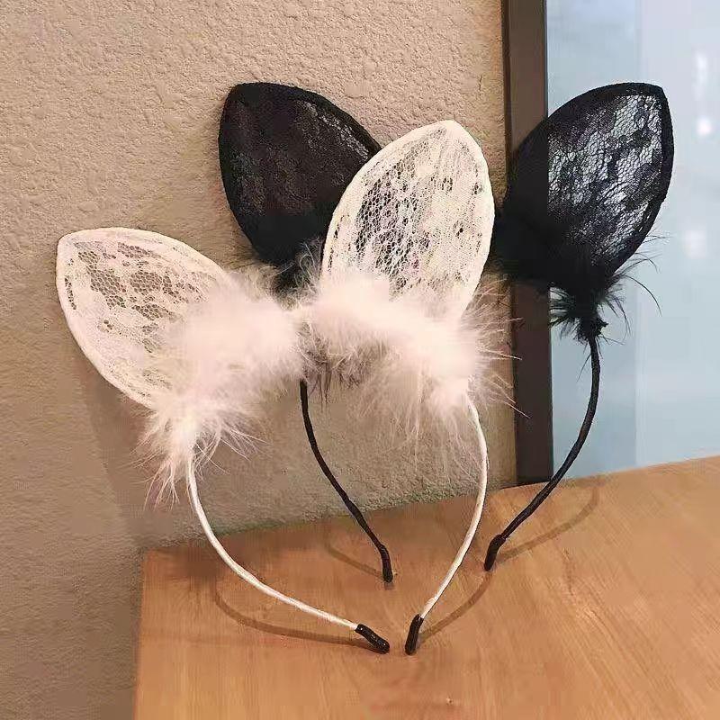 Plush Lace Cat Ears Bell Headband for Women Korean Style Elegant Fashion Girl Hair Band Party Cosplay