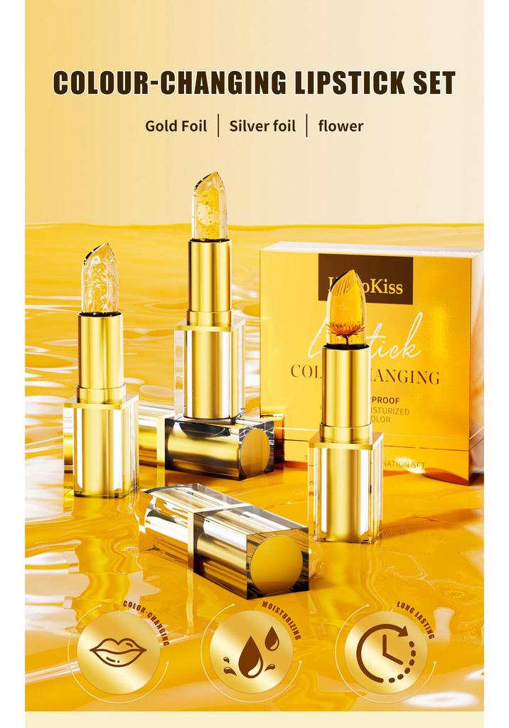 HelloKiss 3-teiliges Farbwechsel-Lippenstift-Set mit Blumeninfusion und Blattgold, einfach aufzutragen und feuchtigkeitsspendend.